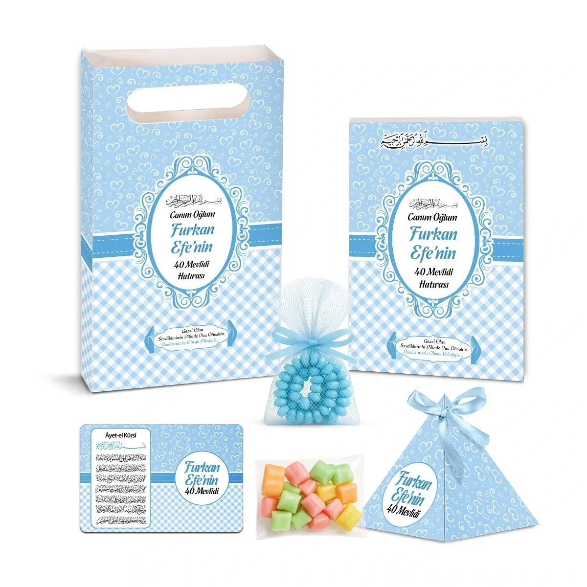 Kalp Model Mavi Renkli Yasin Kitabı, Piramit Külah, Mevlüt Şekeri, Ayet-el Kürsi Magnet, Karton Çanta ve Tesbih - Mevlüt Hediyelikleri