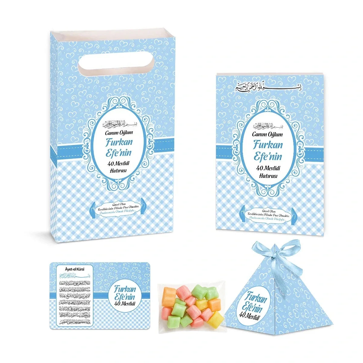Kalp Model Mavi Renkli Yasin Kitabı, Piramit Külah, Mevlüt Şekeri, Ayet-el Kürsi Magnet, Karton Çanta - Mevlüt Hediyelikleri