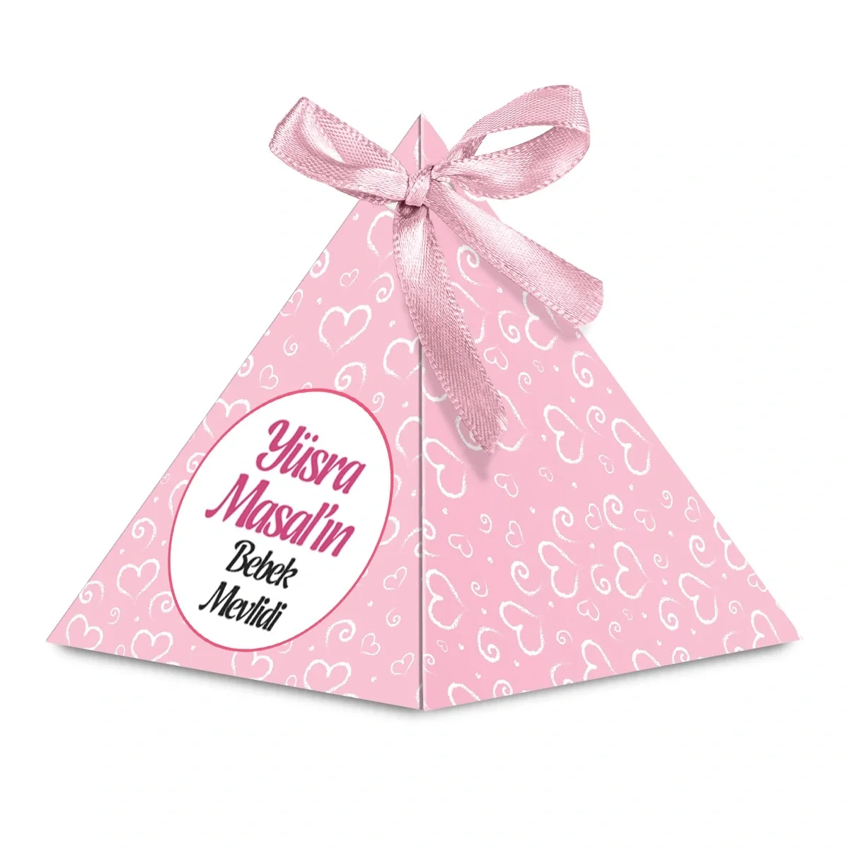 Kalp Model Pembe Renkli Mevlüt Şekeri İçin İsme Özel Piramit Külah