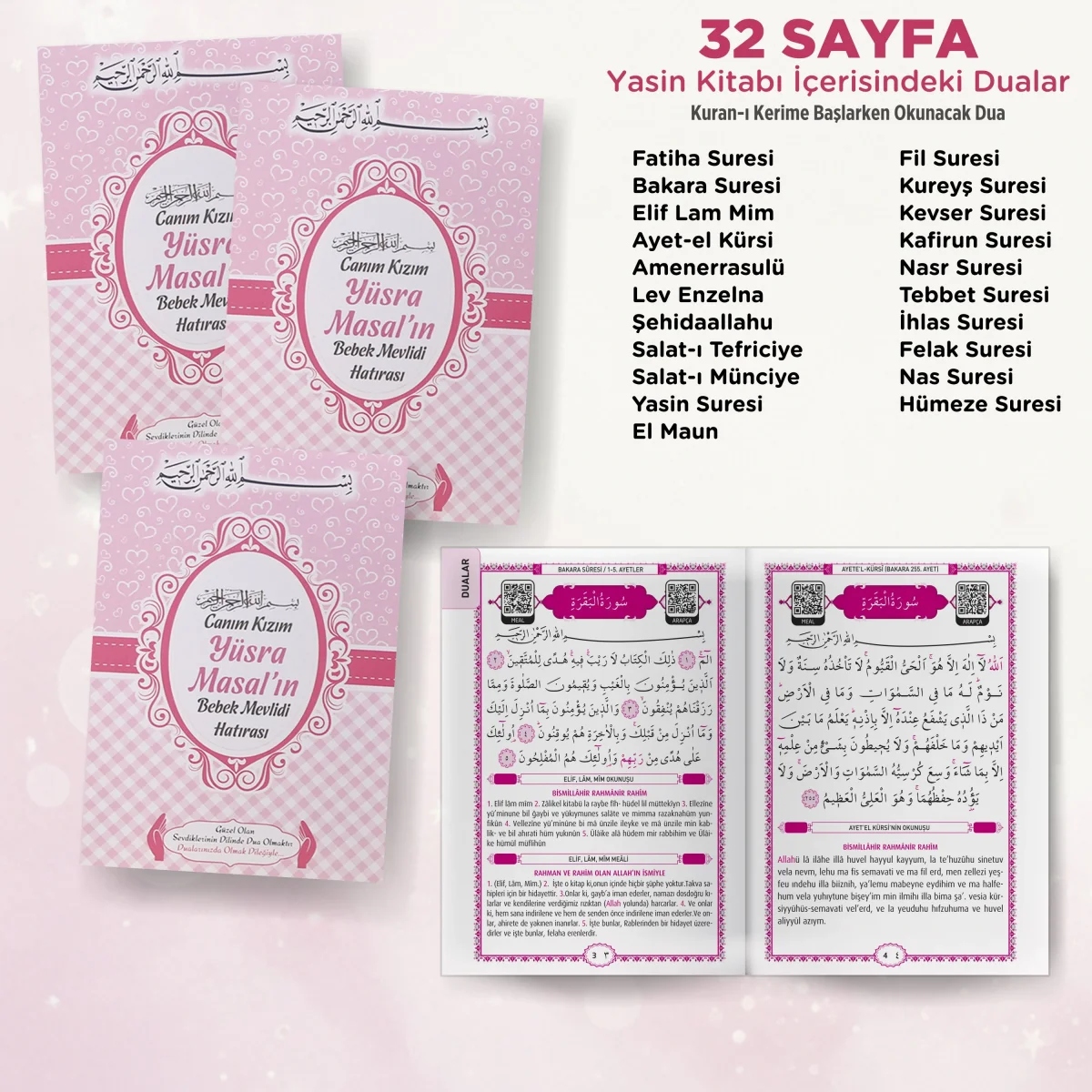 Kalp Model Pembe Renkli Yasin Kitabı, Lokum Kutusu, Magnet, Karton Çanta ve Tesbih - Mevlüt Hediyelikleri
