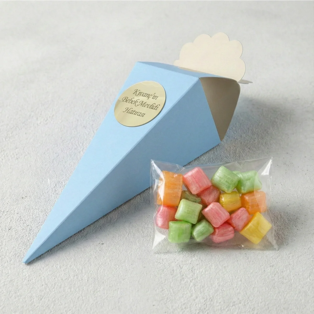 Mavi Renkli İsme Özel Külah İçerisinde Mevlüt Şekeri