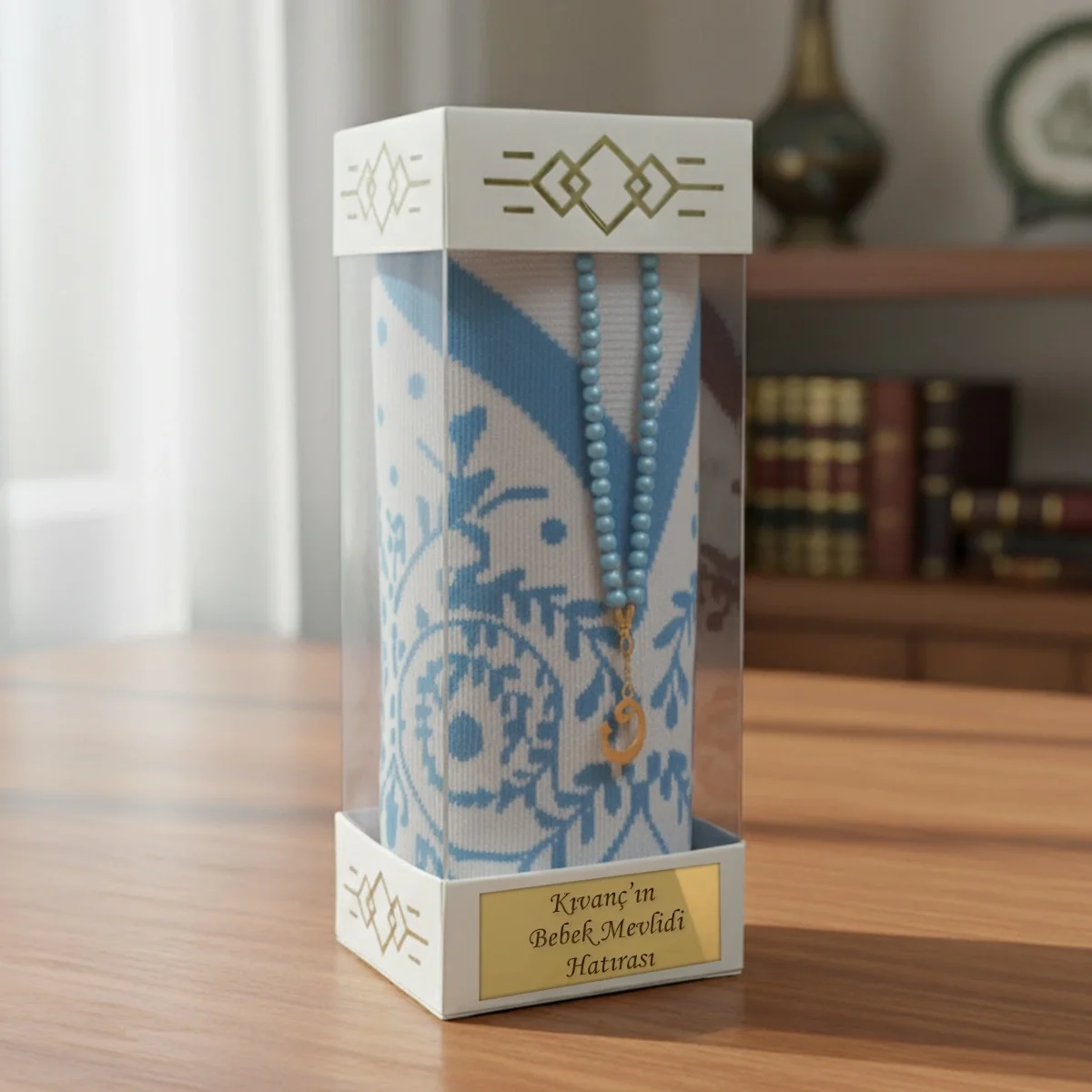 Mavi Renkli İsme Özel Silindir Kutu İçerisinde Seccade ve Tesbih