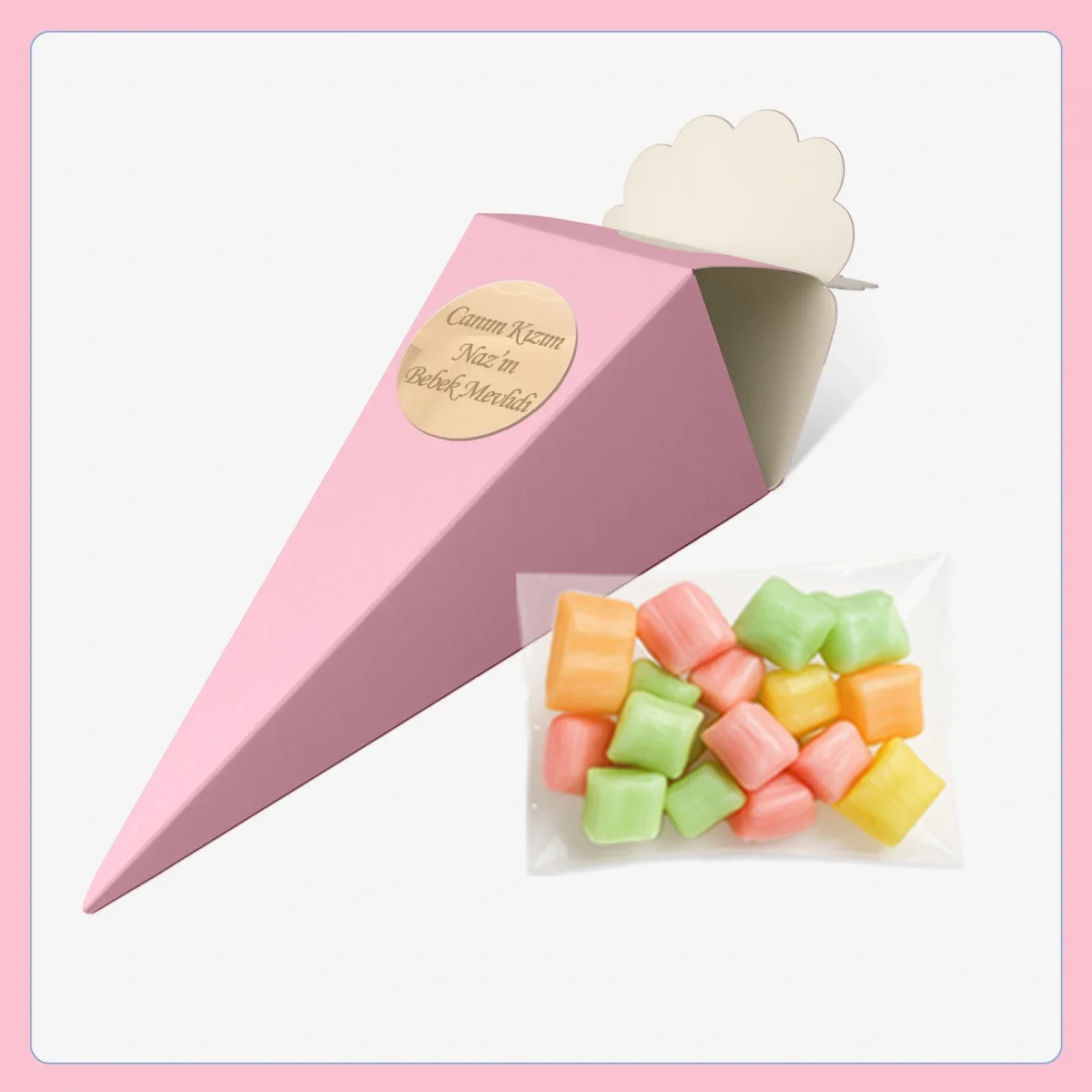Pembe Renkli İsme Özel Külah İçerisinde Mevlüt Şekeri