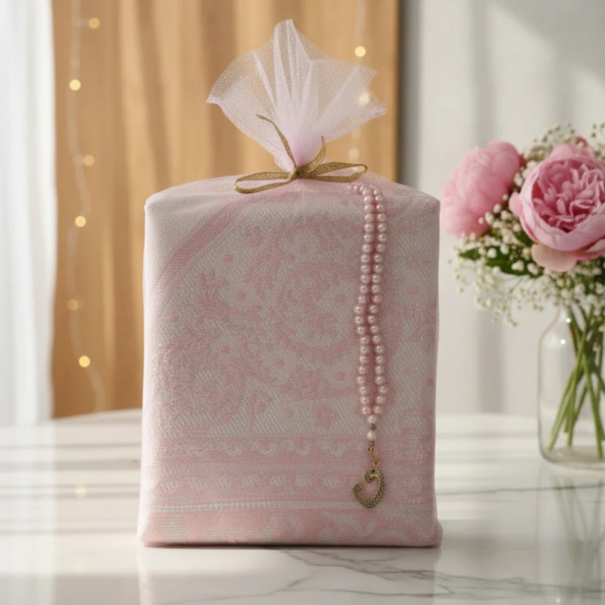 Pembe Renkli Tül Kese İçerisinde Seccade ve Tesbih