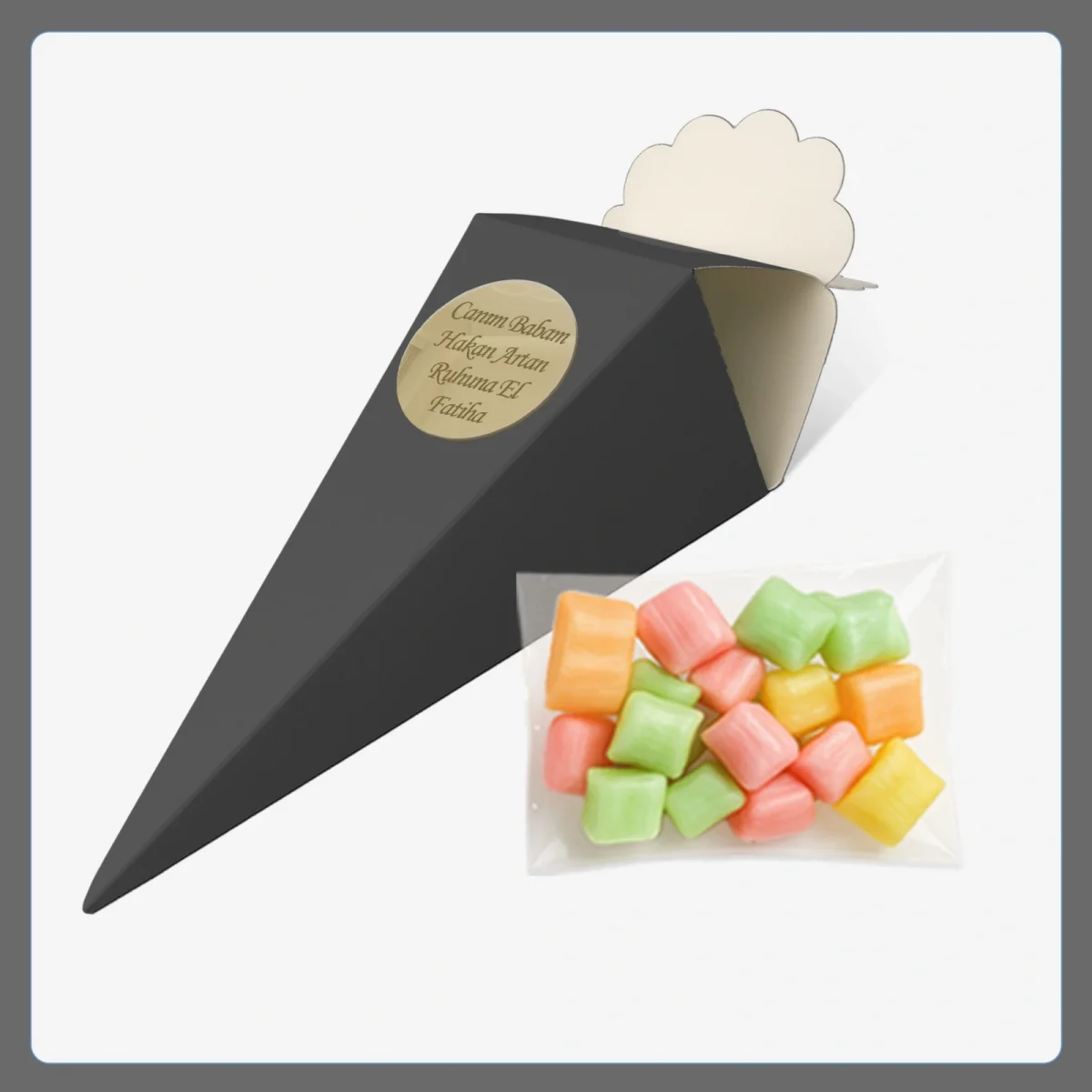 Siyah Renkli İsme Özel Külah İçerisinde Mevlüt Şekeri