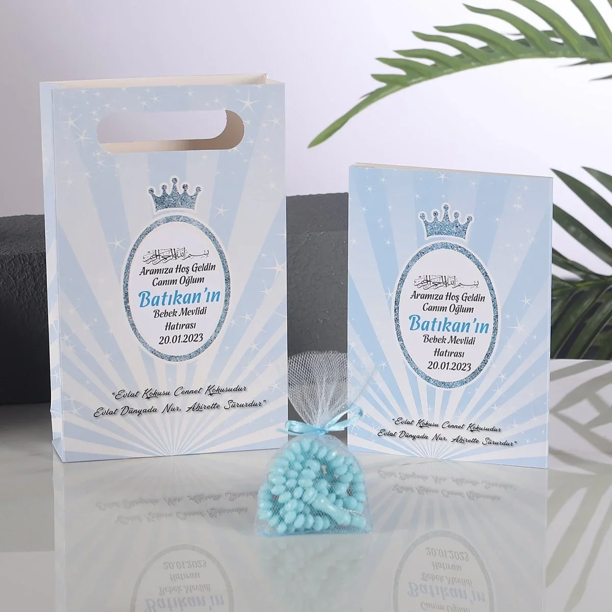 Taç Model Mavi Renkli Yasin Kitabı, Karton Çanta ve Tesbih - Mevlüt Hediyelikleri