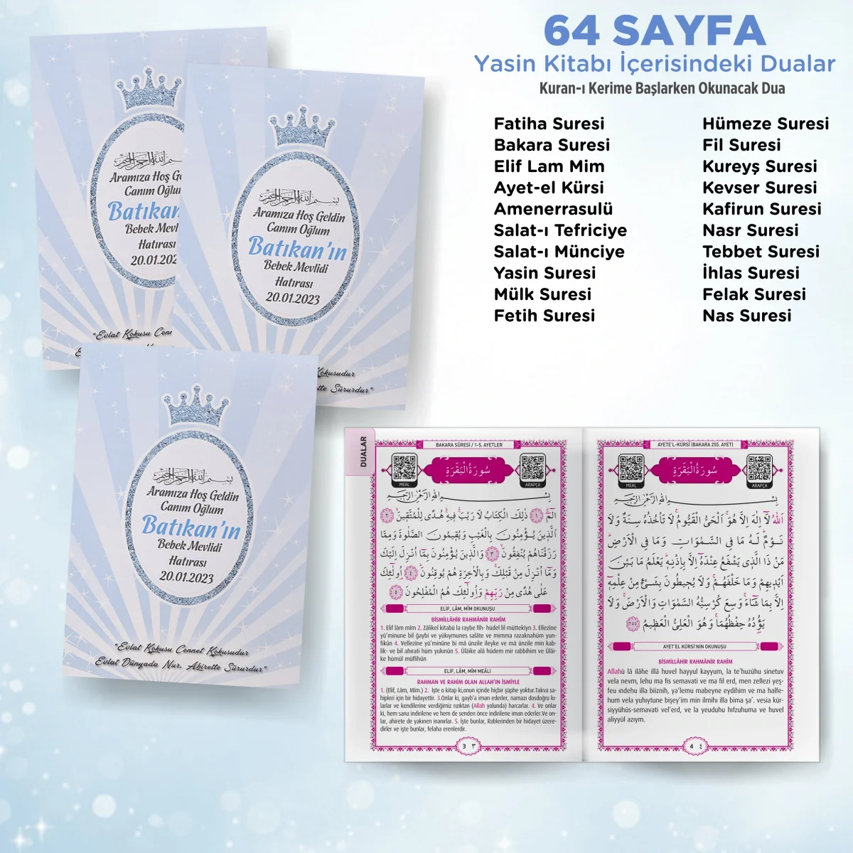 Taç Model Mavi Renkli Yasin Kitabı, Lokum Kutusu, Magnet, Karton Çanta ve Tesbih - Mevlüt Hediyelikleri