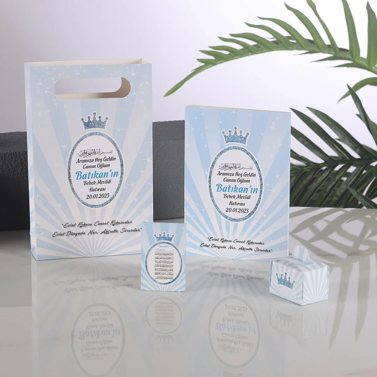 Taç Model Mavi Renkli Yasin Kitabı, Lokum Kutusu, Magnet ve Karton Çanta - Mevlüt Hediyelikleri