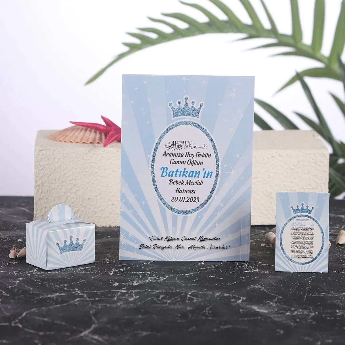 Taç Model Mavi Renkli Yasin Kitabı, Lokum Kutusu ve Magnet - Mevlüt Hediyelikleri
