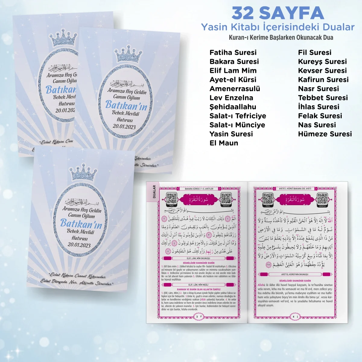 Taç Model Mavi Renkli Yasin Kitabı, Piramit Külah, Ayet-el Kürsi Magnet, Karton Çanta ve Tesbih - Mevlüt Hediyelikleri