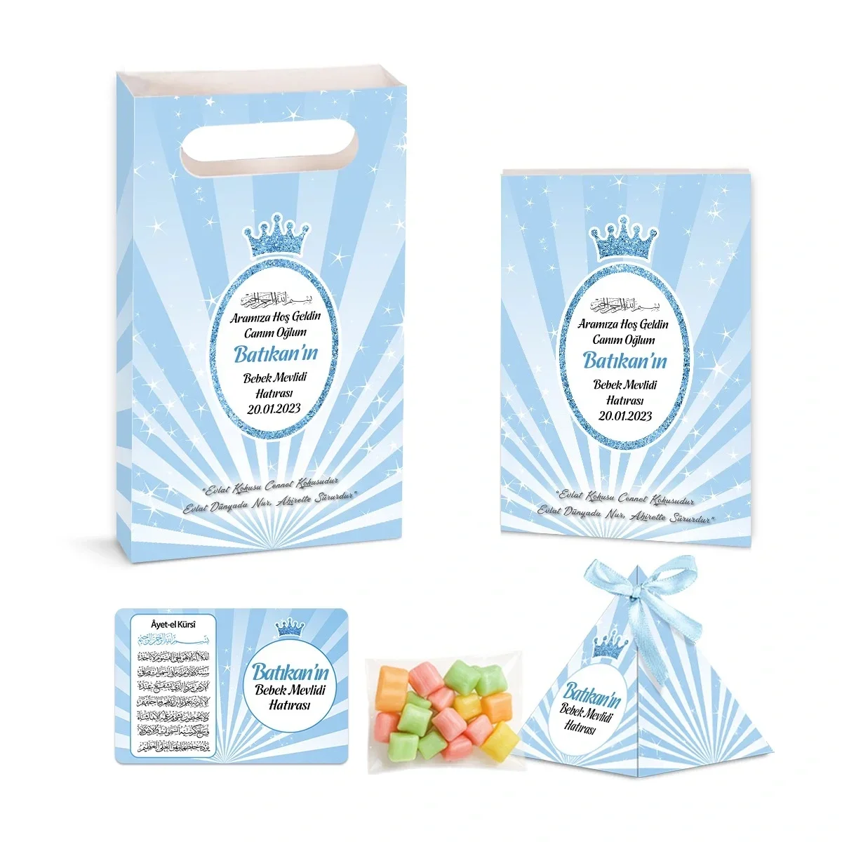 Taç Model Mavi Renkli Yasin Kitabı, Piramit Külah, Mevlüt Şekeri, Ayet-el Kürsi Magnet, Karton Çanta - Mevlüt Hediyelikleri