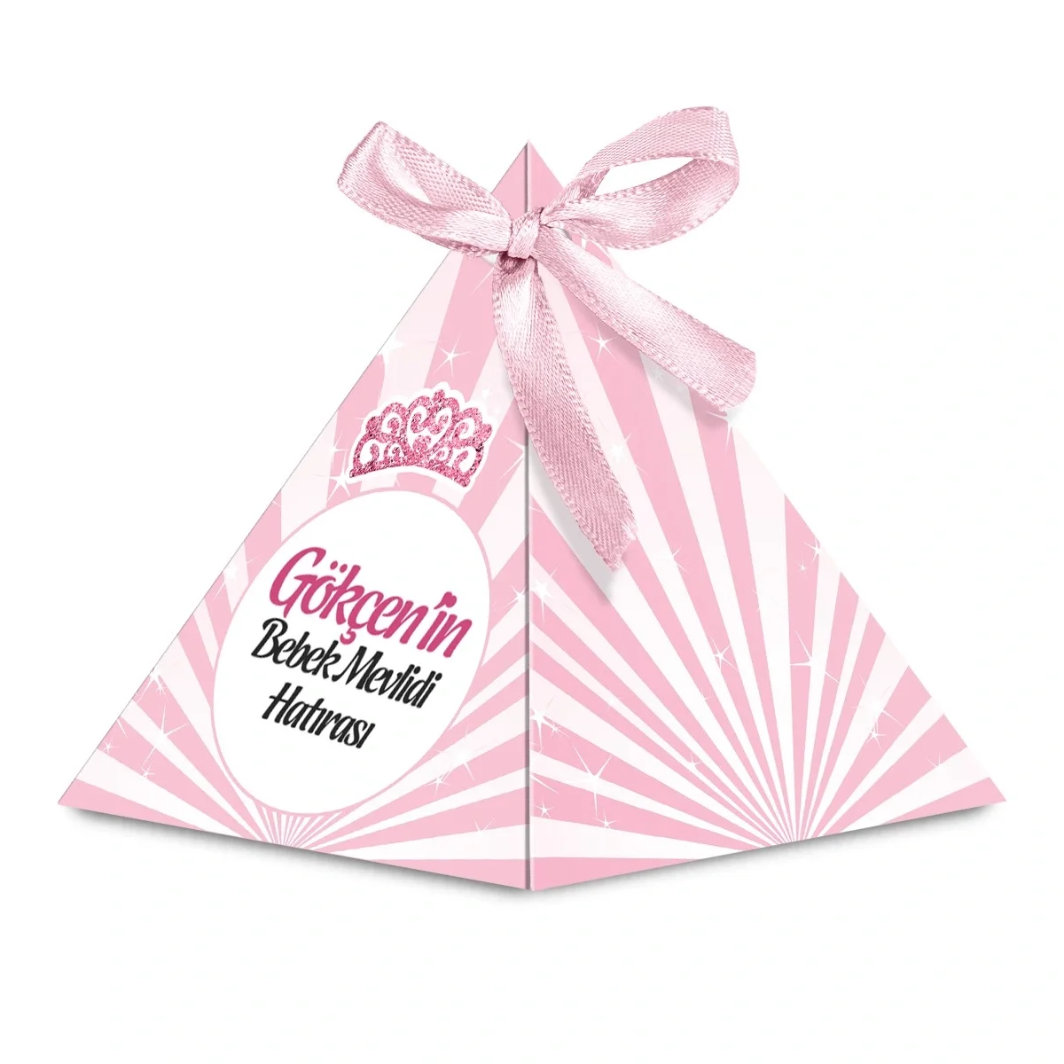 Taç Model Pembe Renkli Mevlüt Şekeri İçin İsme Özel Piramit Külah