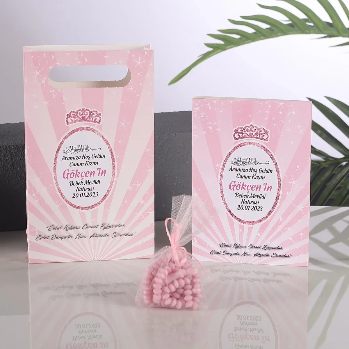 Taç Model Pembe Renkli Yasin Kitabı, Karton Çanta ve Tesbih - Mevlüt Hediyelikleri