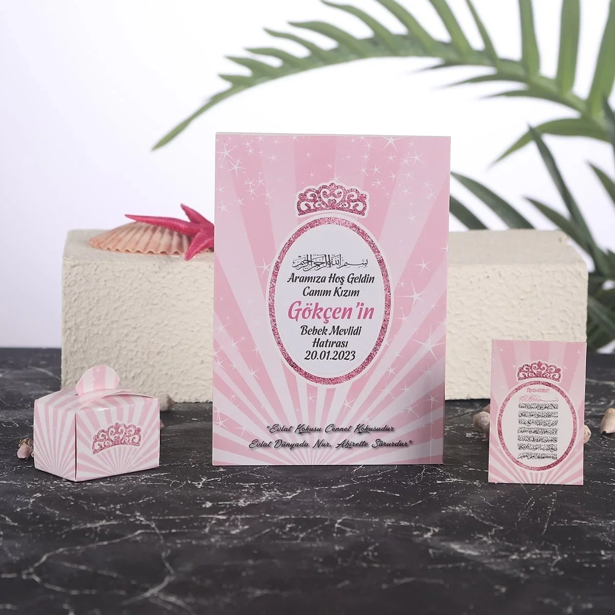 Taç Model Pembe Renkli Yasin Kitabı, Lokum Kutusu ve Magnet - Mevlüt Hediyelikleri