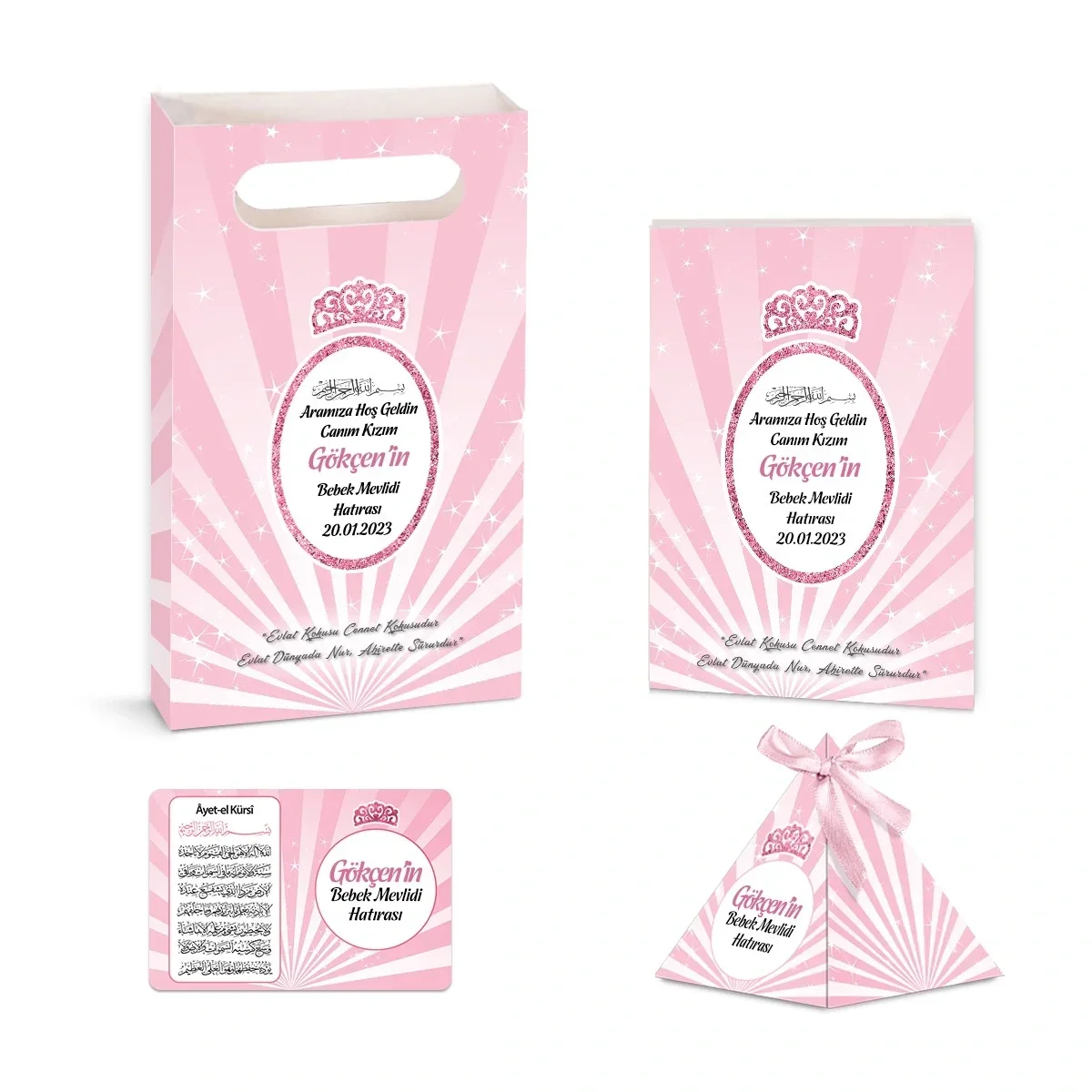 Taç Model Pembe Renkli Yasin Kitabı, Piramit Külah, Ayet-el Kürsi Magnet, Karton Çanta - Mevlüt Hediyelikleri