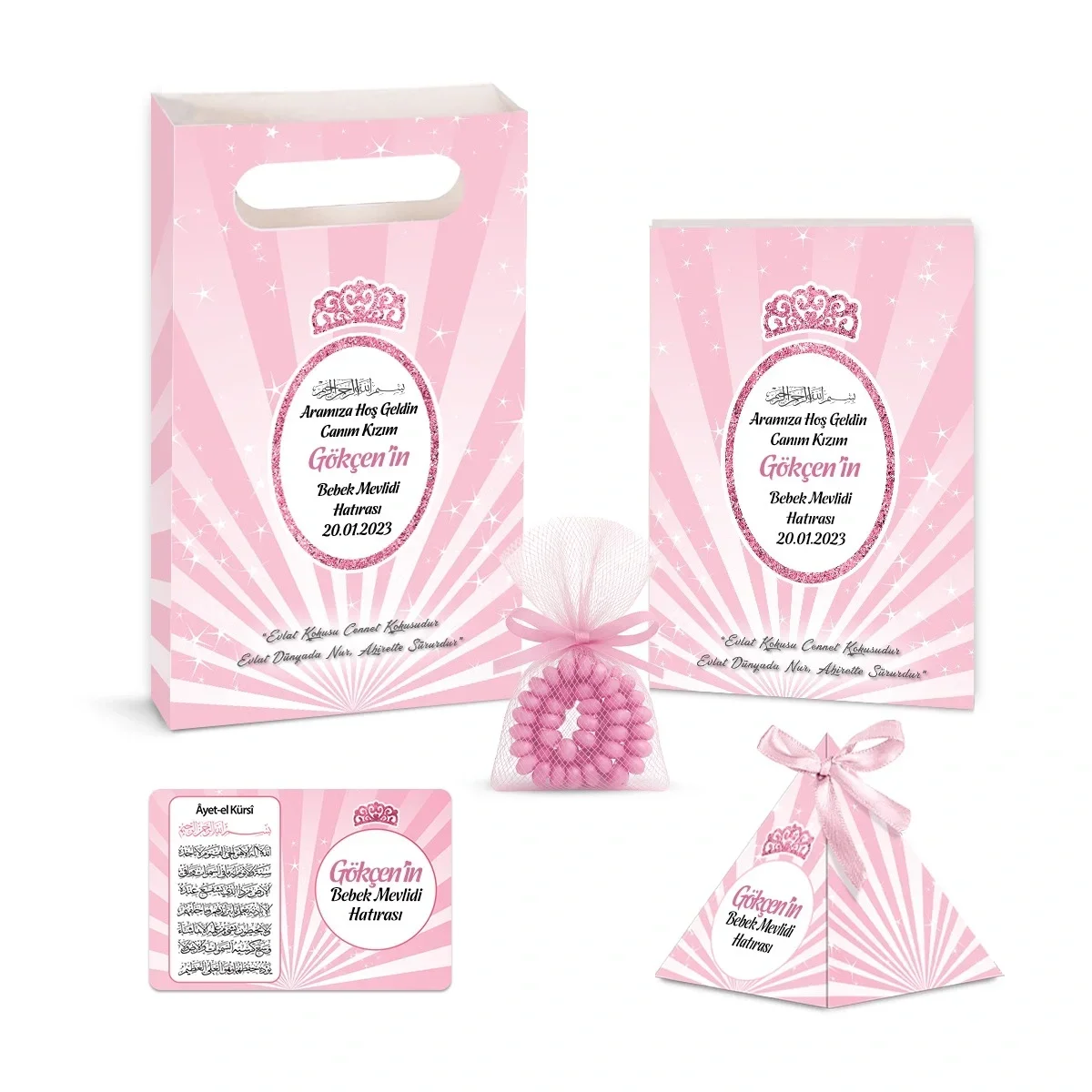 Taç Model Pembe Renkli Yasin Kitabı, Piramit Külah, Ayet-el Kürsi Magnet, Karton Çanta ve Tesbih - Mevlüt Hediyelikleri