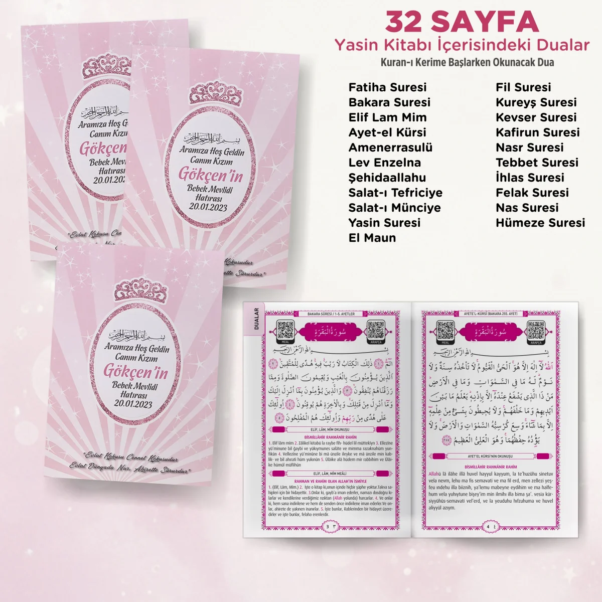 Taç Model Pembe Renkli Yasin Kitabı, Piramit Külah, Ayet-el Kürsi Magnet, Karton Çanta ve Tesbih - Mevlüt Hediyelikleri