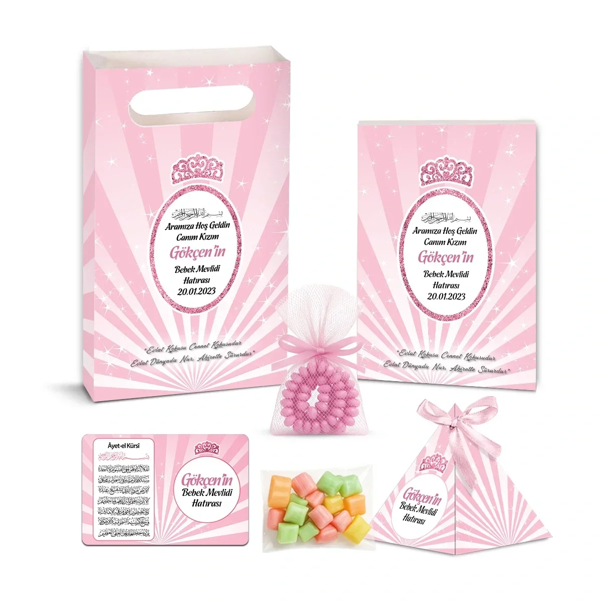 Taç Model Pembe Renkli Yasin Kitabı, Piramit Külah, Mevlüt Şekeri, Ayet-el Kürsi Magnet, Karton Çanta ve Tesbih - Mevlüt Hediyelikleri