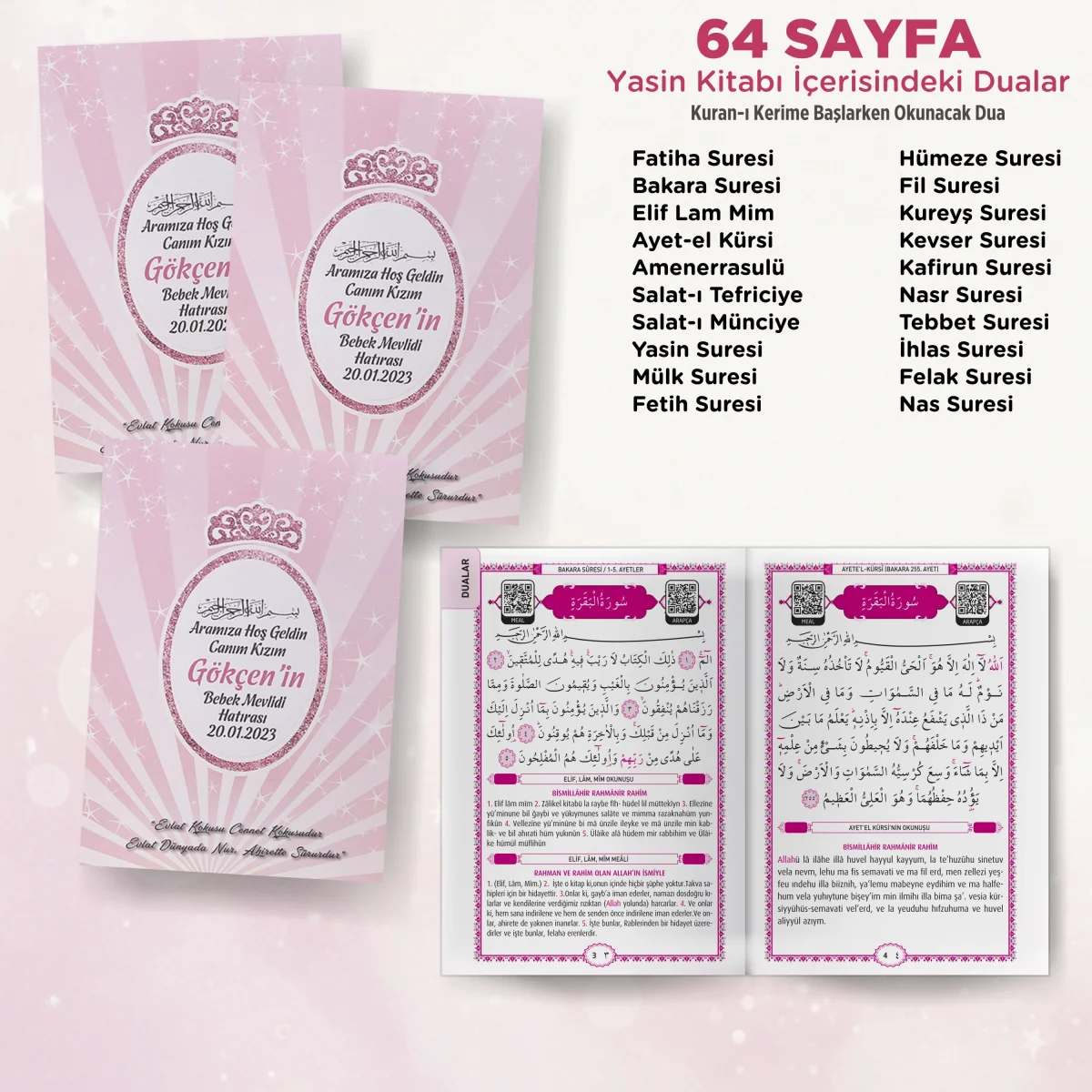 Taç Model Pembe Renkli Yasin Kitabı, Piramit Külah, Mevlüt Şekeri, Ayet-el Kürsi Magnet, Karton Çanta - Mevlüt Hediyelikleri