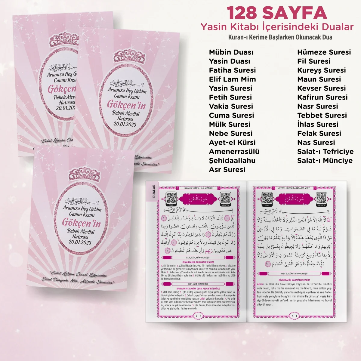 Taç Model Pembe Renkli Yasin Kitabı, Piramit Külah, Mevlüt Şekeri, Ayet-el Kürsi Magnet, Karton Çanta ve Tesbih - Mevlüt Hediyelikleri