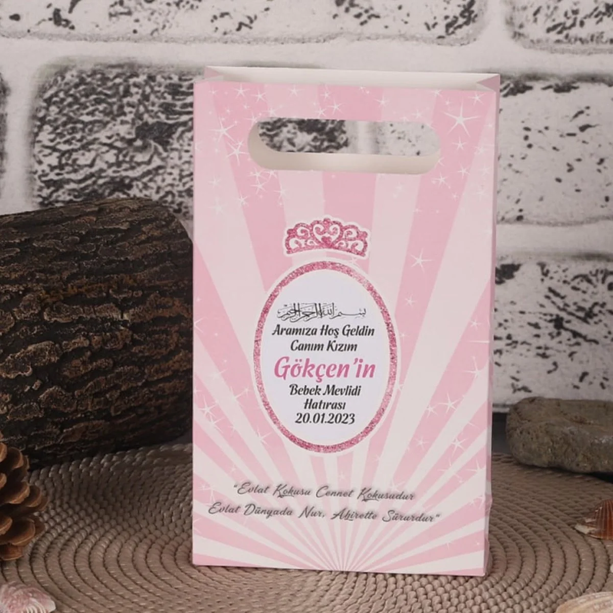 Taç Model Pembe Renkli Mevlüt İçin Karton Çanta