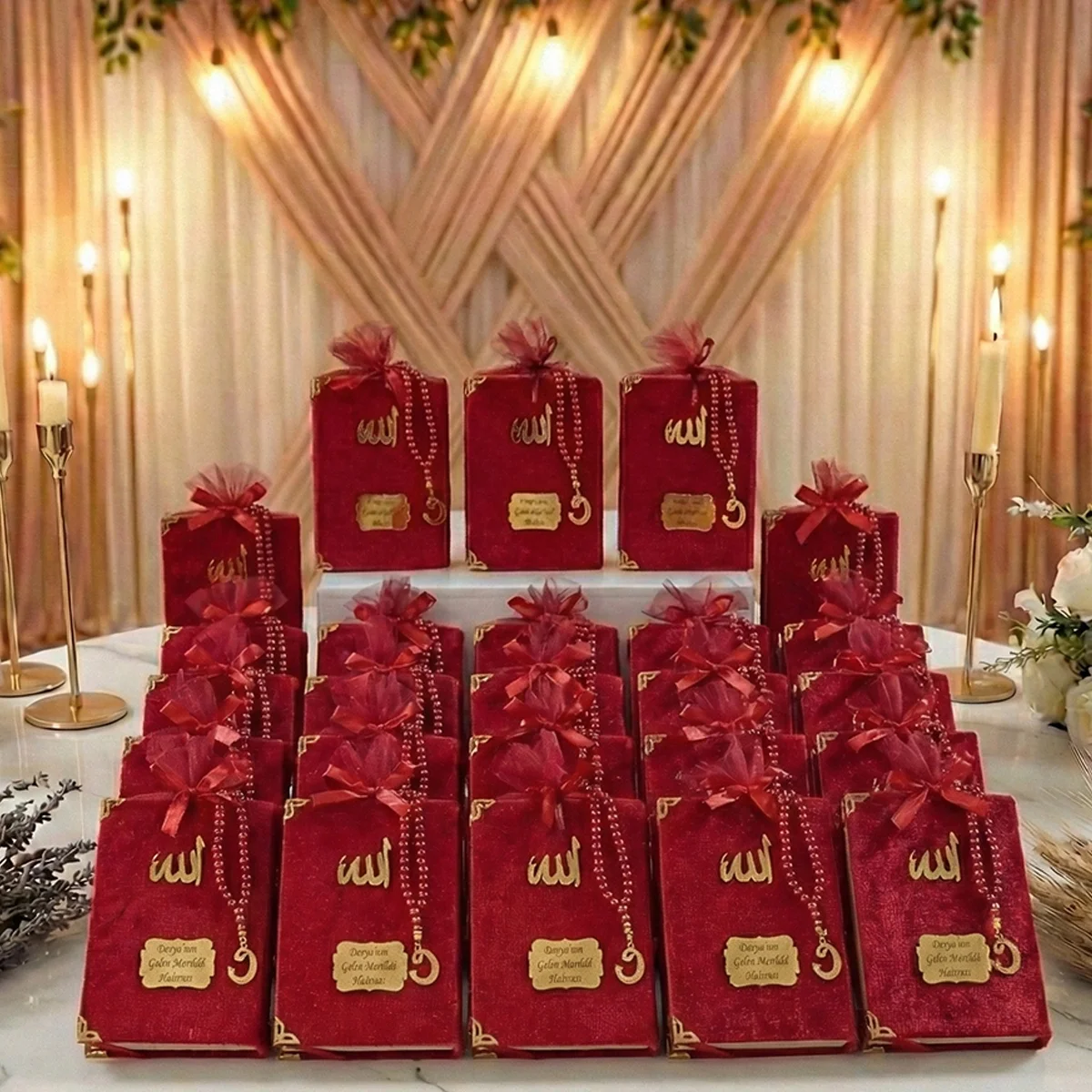 Tül Kese İçerisinde İnci Tesbihli Bordo Renkli Kadife Yasin Kitabı Seti - Mevlüt Hediyelikleri