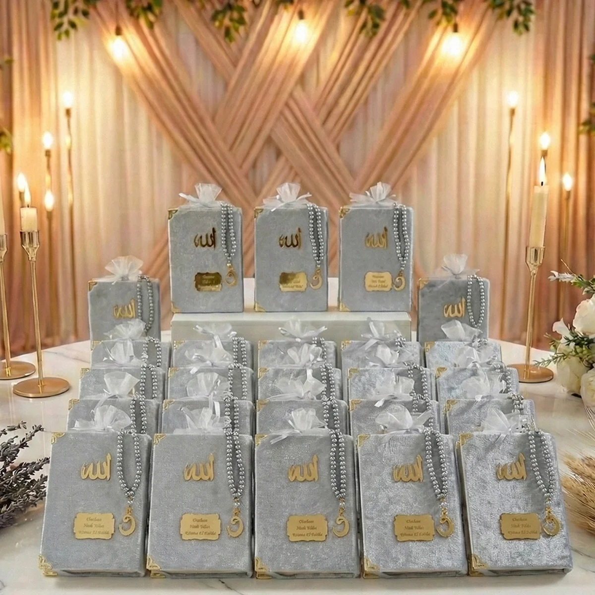 Tül Kese İçerisinde İnci Tesbihli Gri Renkli Kadife Yasin Kitabı Seti - Mevlüt Hediyelikleri