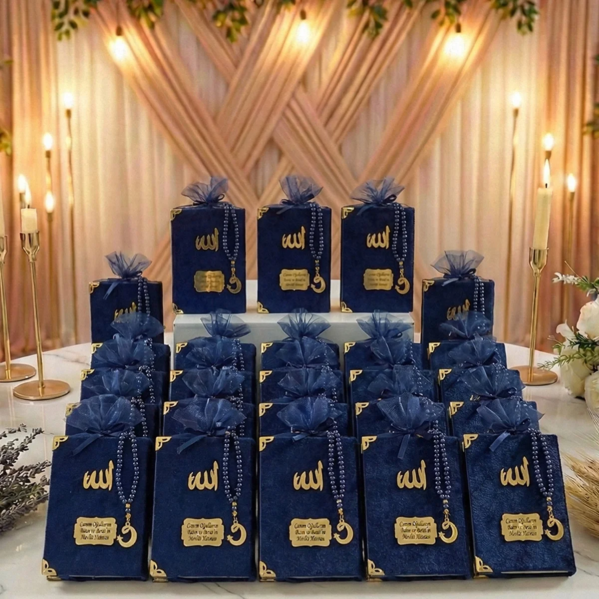 Tül Kese İçerisinde İnci Tesbihli Lacivert Renkli Kadife Yasin Kitabı Seti - Mevlüt Hediyelikleri