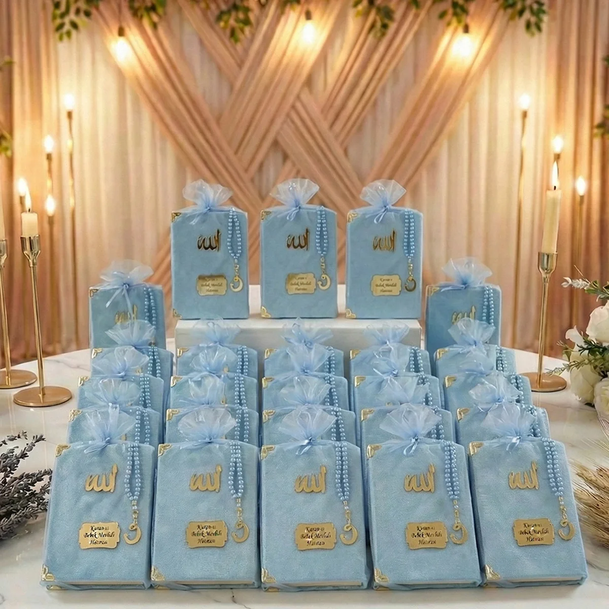 Tül Kese İçerisinde İnci Tesbihli Mavi Renkli Kadife Yasin Kitabı Seti - Mevlüt Hediyelikleri