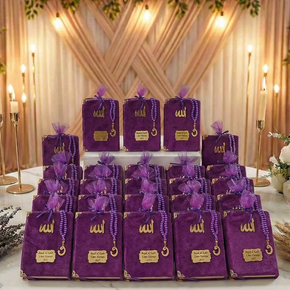 Tül Kese İçerisinde İnci Tesbihli Mor Renkli Kadife Yasin Kitabı Seti - Mevlüt Hediyelikleri
