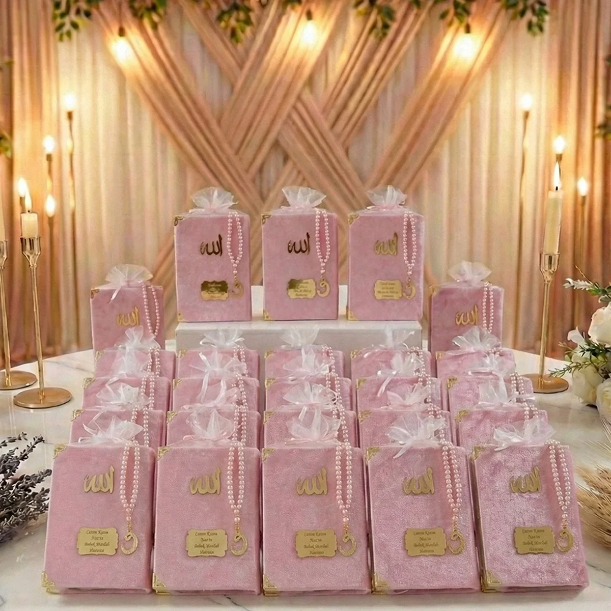Tül Kese İçerisinde İnci Tesbihli Pembe Renkli Kadife Yasin Kitabı Seti - Mevlüt Hediyelikleri