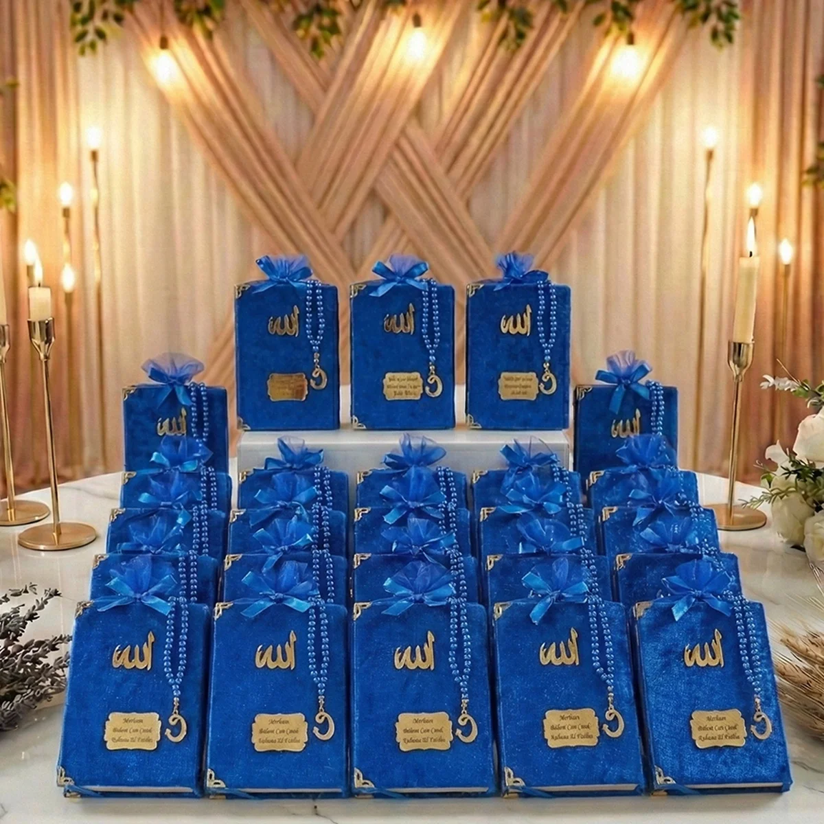 Tül Kese İçerisinde İnci Tesbihli Saks Mavisi Renkli Kadife Yasin Kitabı Seti - Mevlüt Hediyelikleri