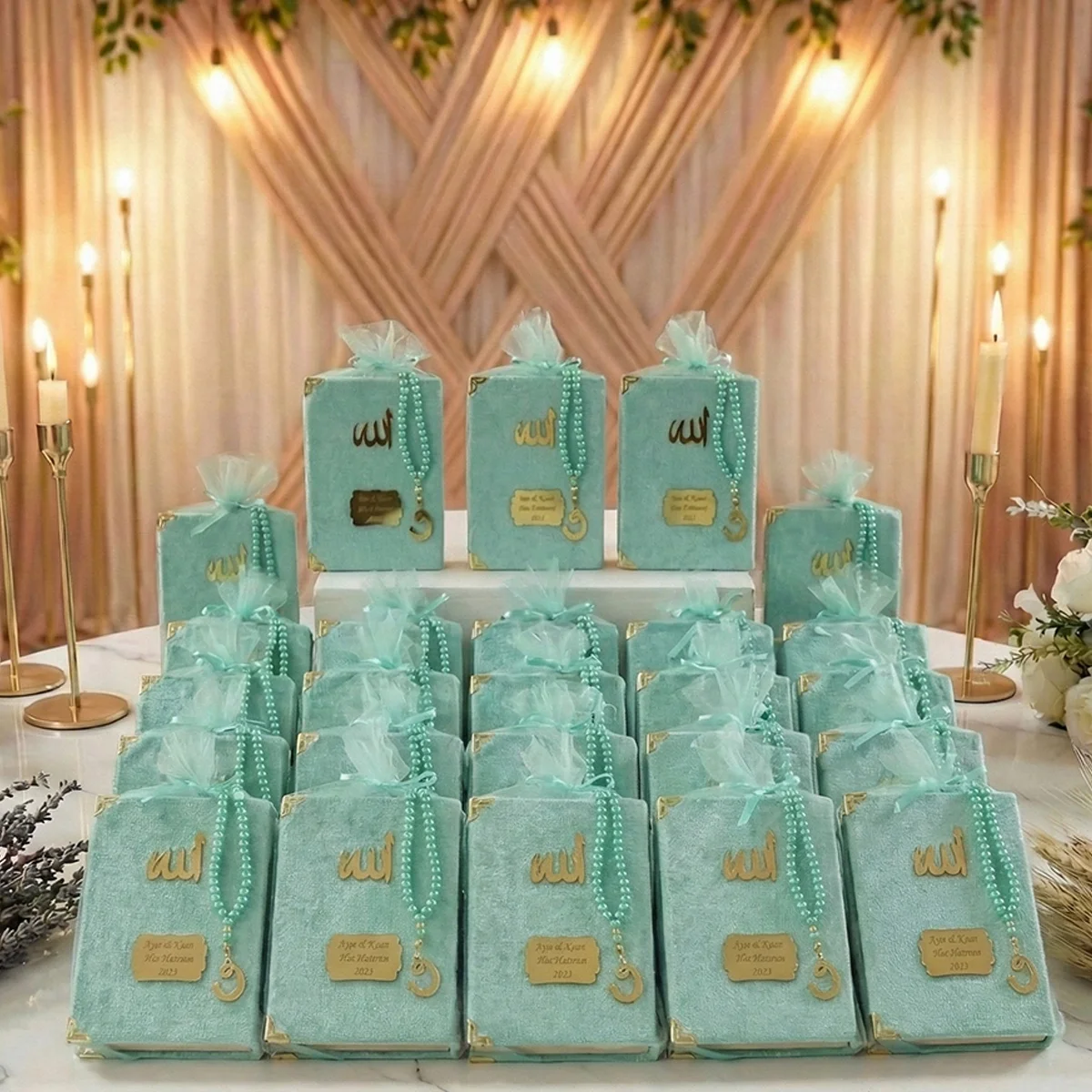 Tül Kese İçerisinde İnci Tesbihli Su Yeşili Renkli Kadife Yasin Kitabı Seti - Mevlüt Hediyelikleri