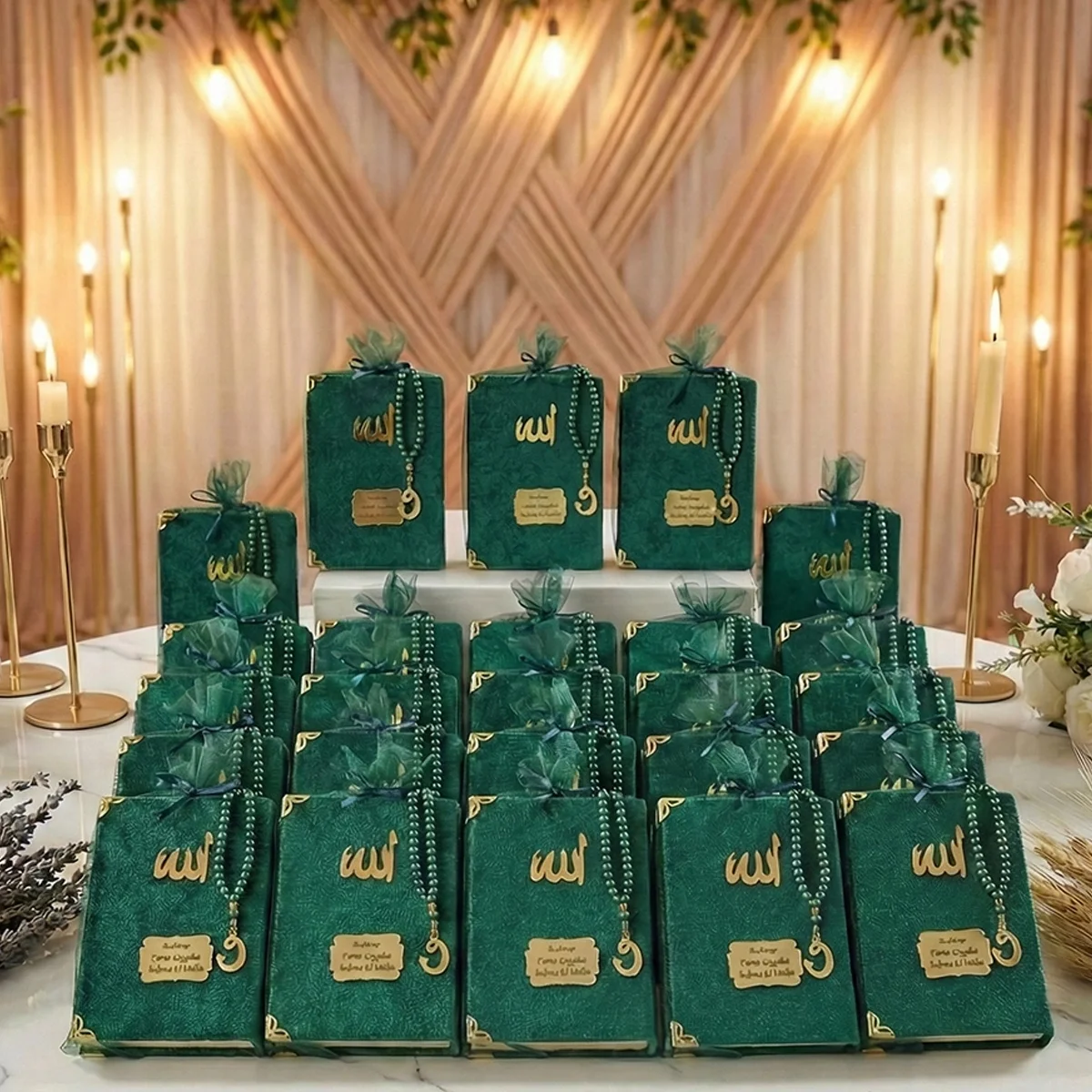 Tül Kese İçerisinde İnci Tesbihli Zümrüt Renkli Kadife Yasin Kitabı Seti - Mevlüt Hediyelikleri