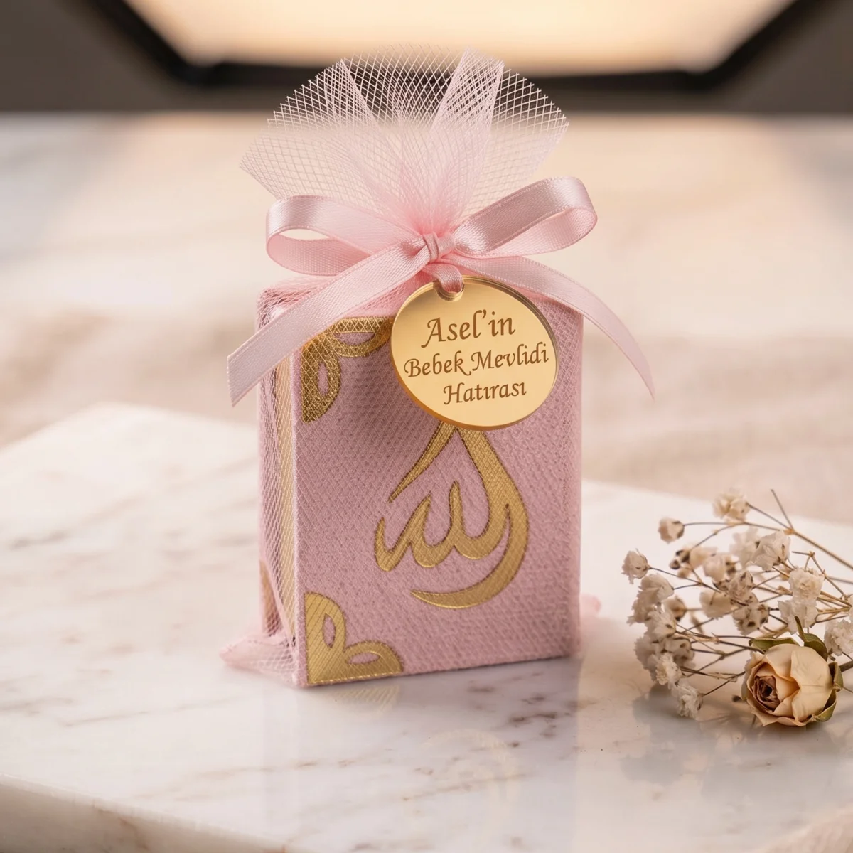 Tül Kese İçerisinde Pembe Renkli Hediyelik Mini Kuran - Mevlüt Hediyelikleri
