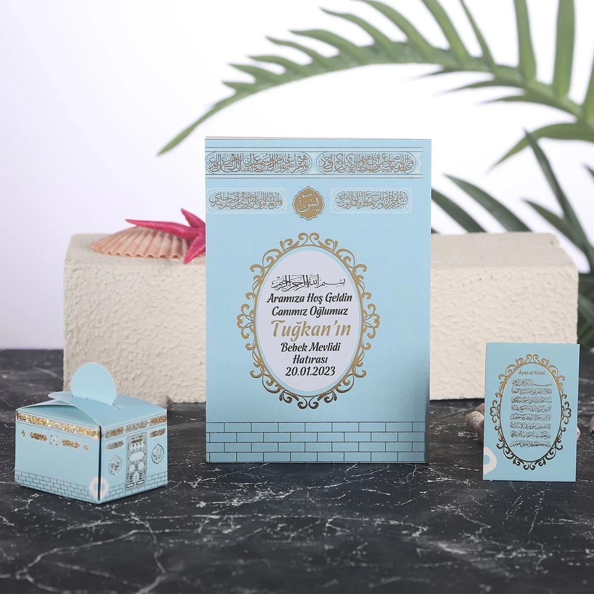 Yaldızlı Kabe Model Mavi Renkli Yasin Kitabı, Lokum Kutusu ve Magnet - Mevlüt Hediyelikleri