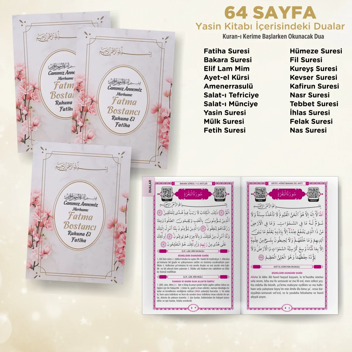 Zerafet Model Pembe Renkli Yasin Kitabı, Lokum Kutusu, Magnet, Karton Çanta ve Tesbih - Mevlüt Hediyelikleri