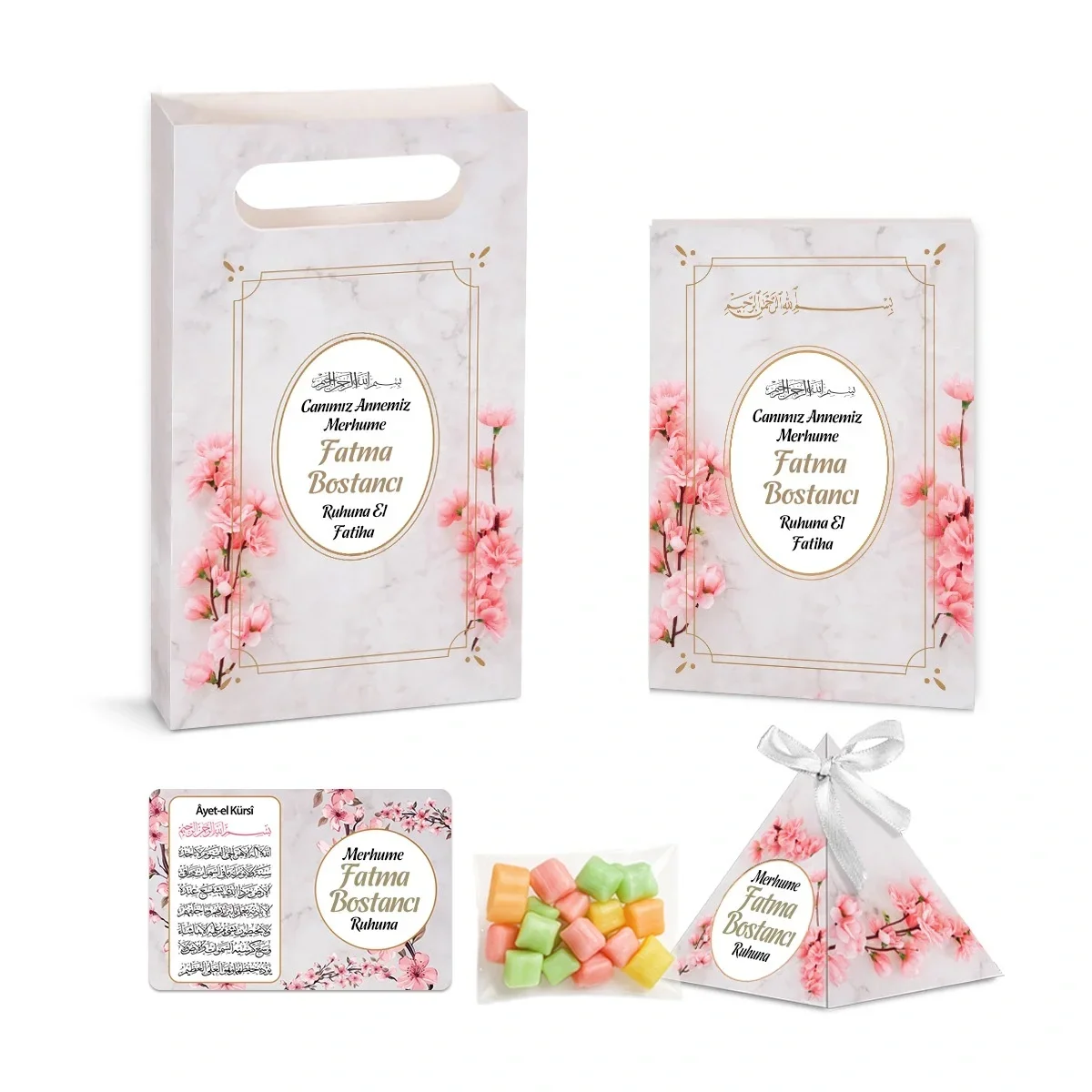 Zerafet Model Pembe Renkli Yasin Kitabı, Piramit Külah, Mevlüt Şekeri, Ayet-el Kürsi Magnet, Karton Çanta - Mevlüt Hediyelikleri