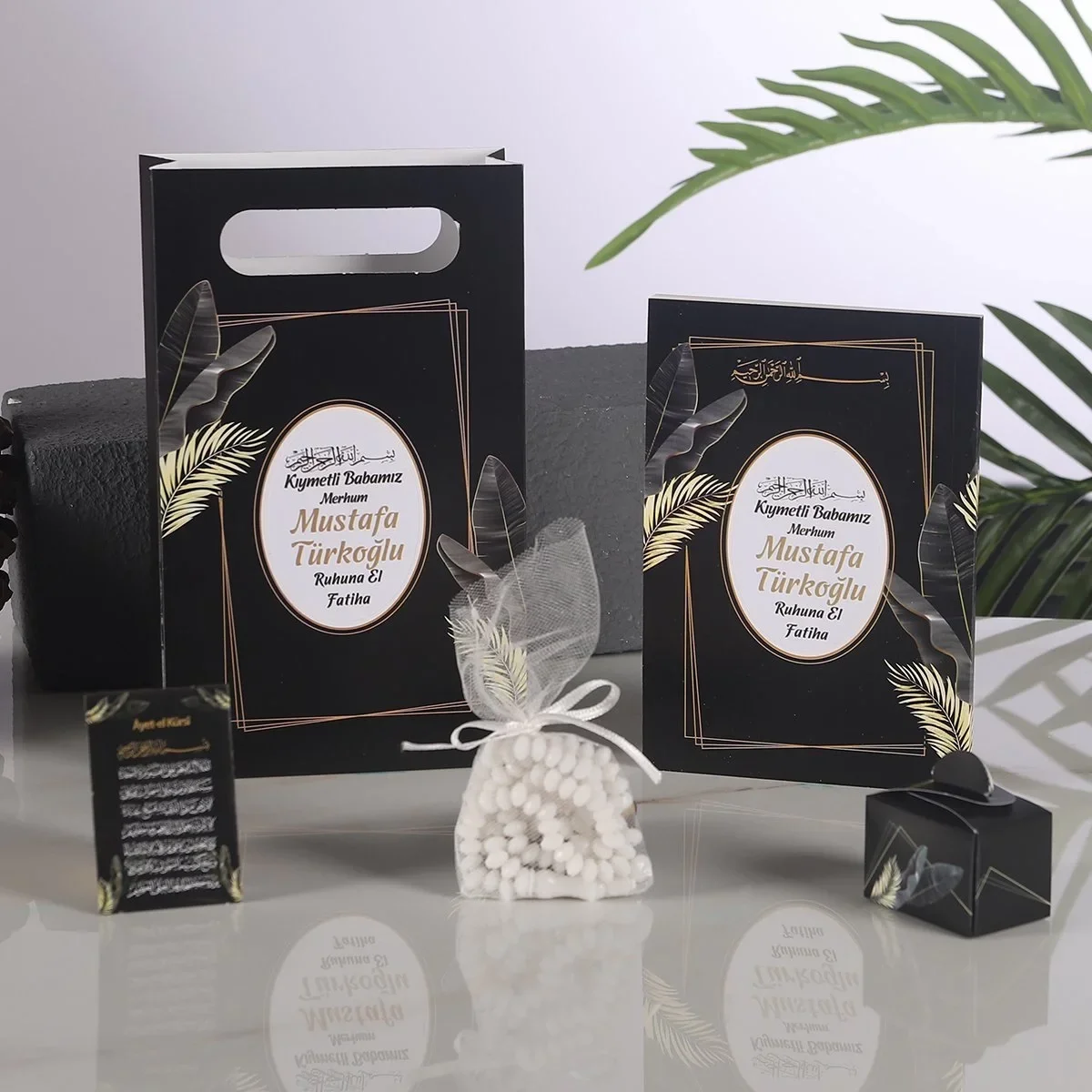 Zerafet Model Siyah Renkli Yasin Kitabı, Lokum Kutusu, Magnet, Karton Çanta ve Tesbih - Mevlüt Hediyelikleri