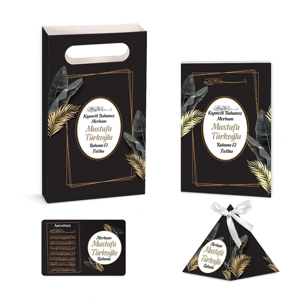 Zerafet Model Siyah Renkli Yasin Kitabı, Piramit Külah, Ayet-el Kürsi Magnet, Karton Çanta - Mevlüt Hediyelikleri