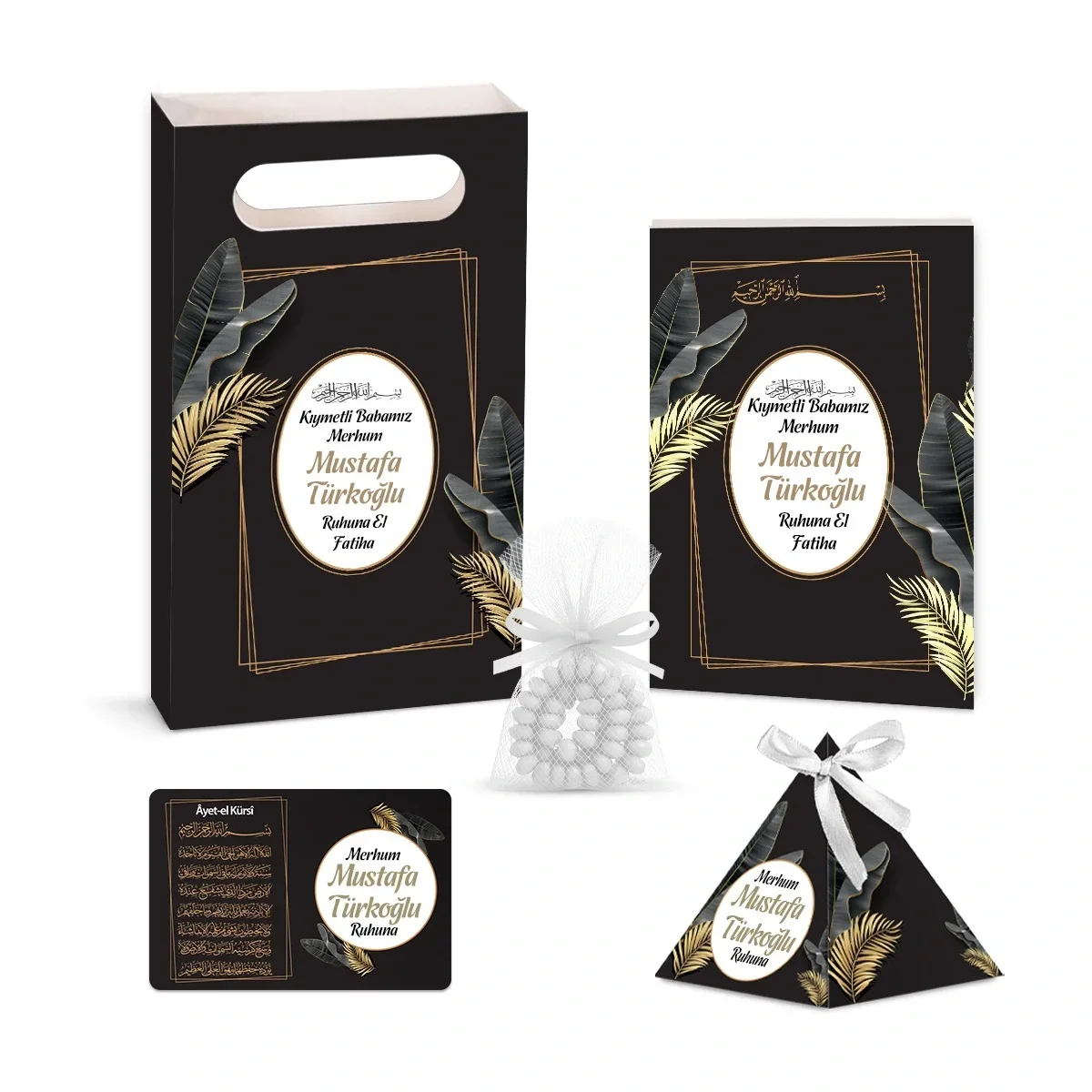 Zerafet Model Siyah Renkli Yasin Kitabı, Piramit Külah, Ayet-el Kürsi Magnet, Karton Çanta ve Tesbih - Mevlüt Hediyelikleri