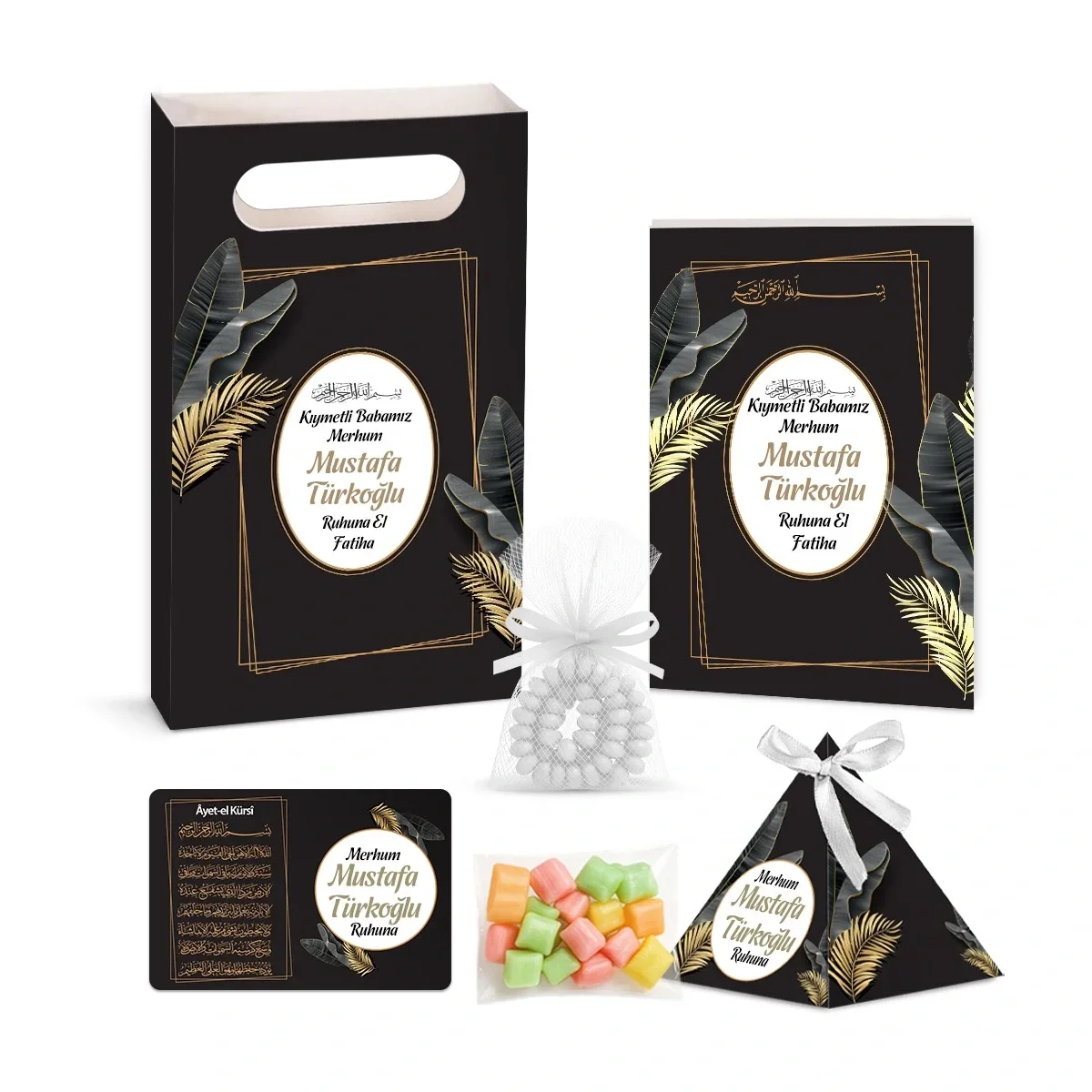 Zerafet Model Siyah Renkli Yasin Kitabı, Piramit Külah, Mevlüt Şekeri, Ayet-el Kürsi Magnet, Karton Çanta ve Tesbih - Mevlüt Hediyelikleri