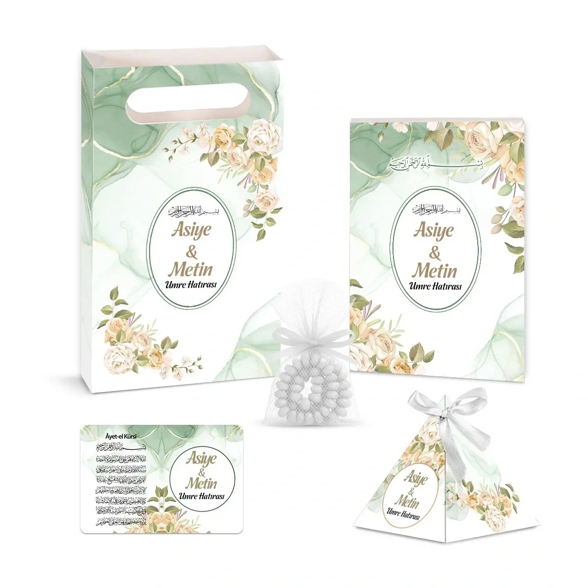Zerafet Model Yeşil Renkli Yasin Kitabı, Piramit Külah, Ayet-el Kürsi Magnet, Karton Çanta ve Tesbih - Mevlüt Hediyelikleri