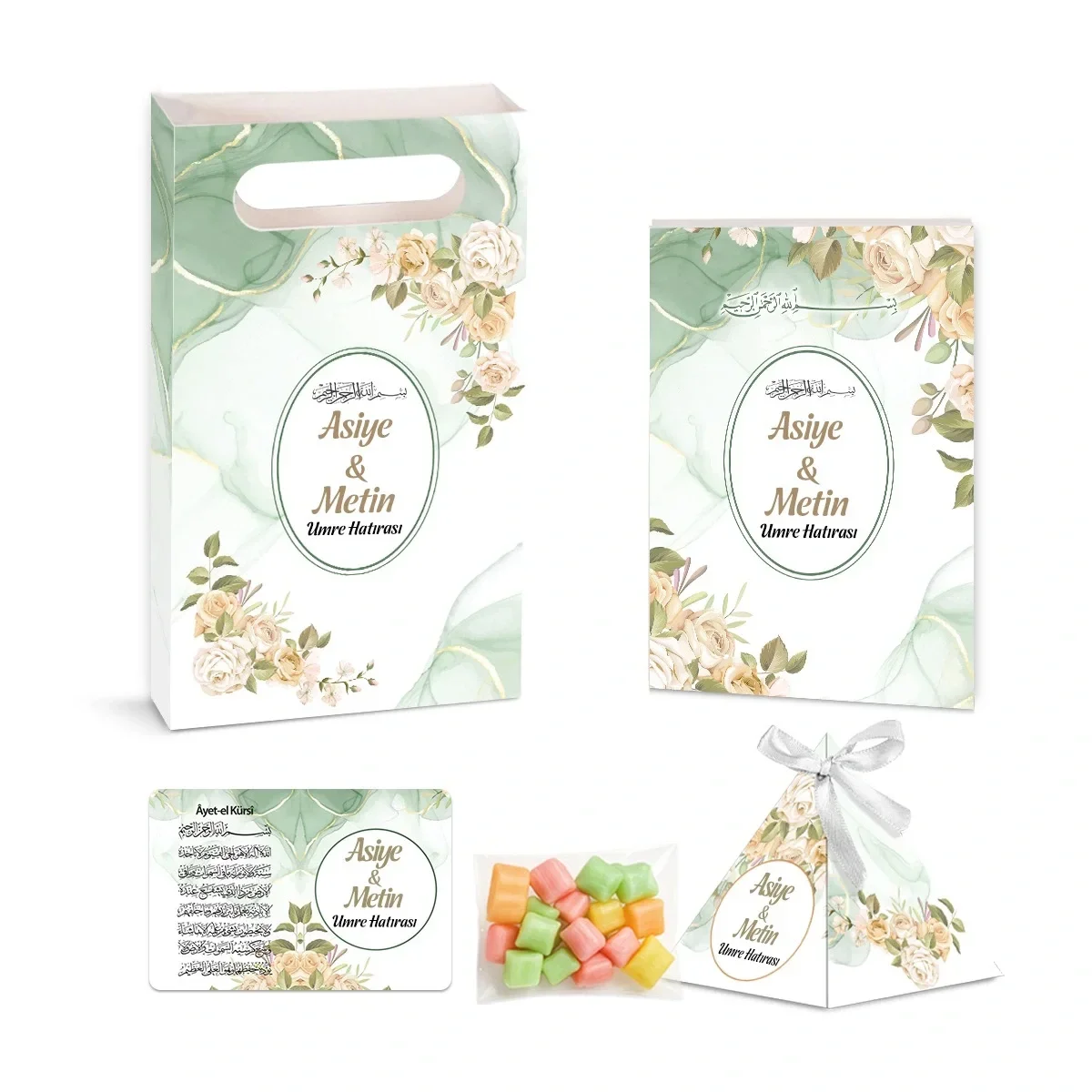 Zerafet Model Yeşil Renkli Yasin Kitabı, Piramit Külah, Mevlüt Şekeri, Ayet-el Kürsi Magnet, Karton Çanta - Mevlüt Hediyelikleri