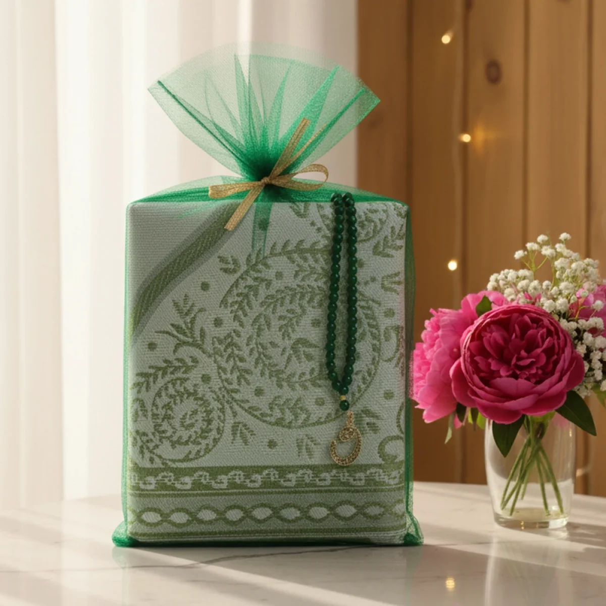 Zümrüt Renkli Tül Kese İçerisinde Seccade ve Tesbih