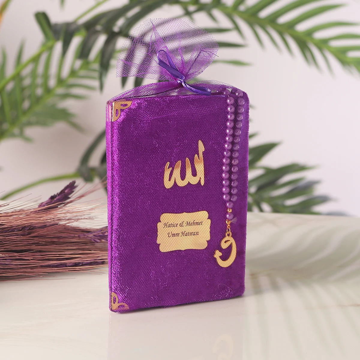 Tül Kese İçerisinde İnci Tesbihli Mor Renkli Kadife Yasin Kitabı Seti - Mevlüt Hediyelikleri