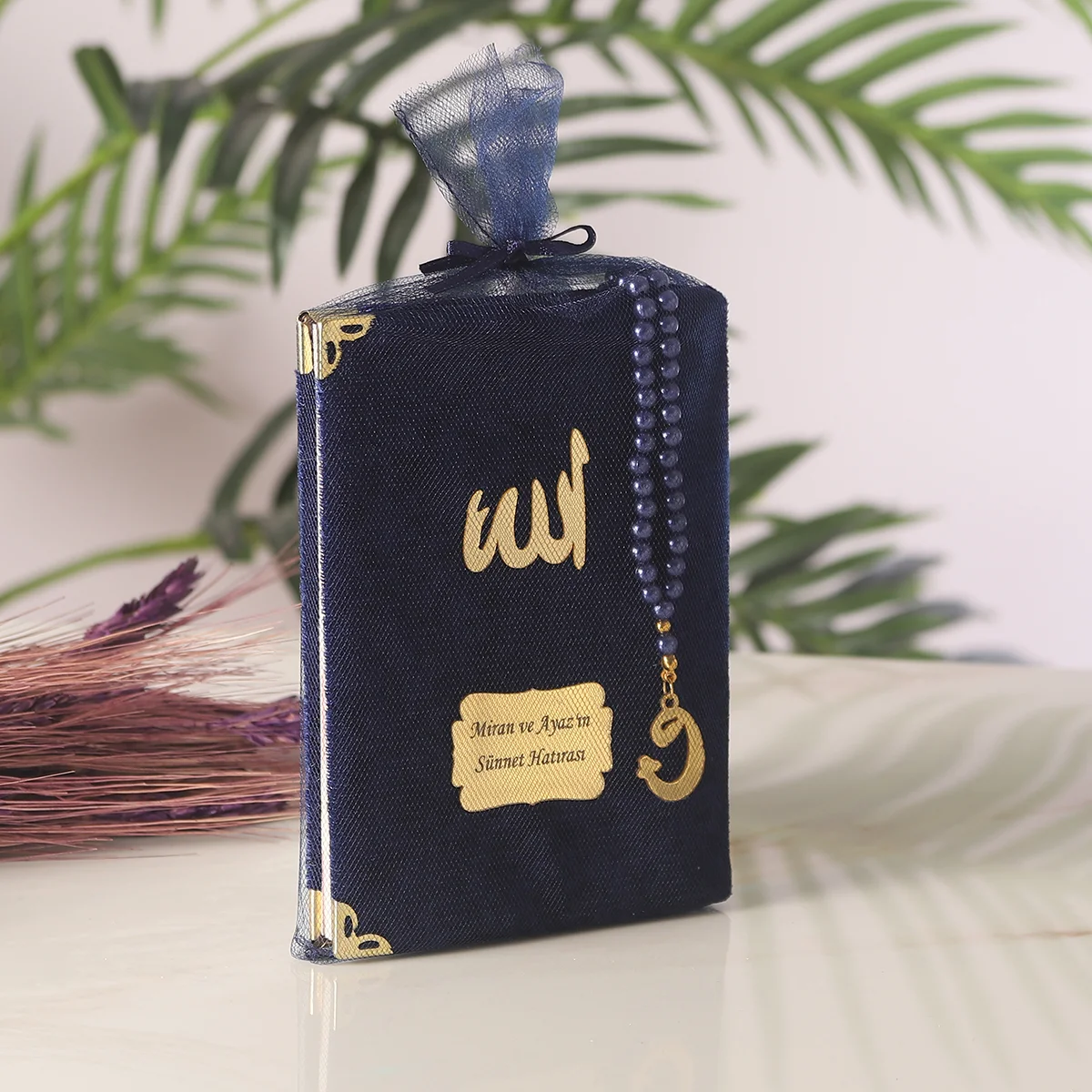 Tül Kese İçerisinde İnci Tesbihli Lacivert Renkli Kadife Yasin Kitabı Seti - Mevlüt Hediyelikleri