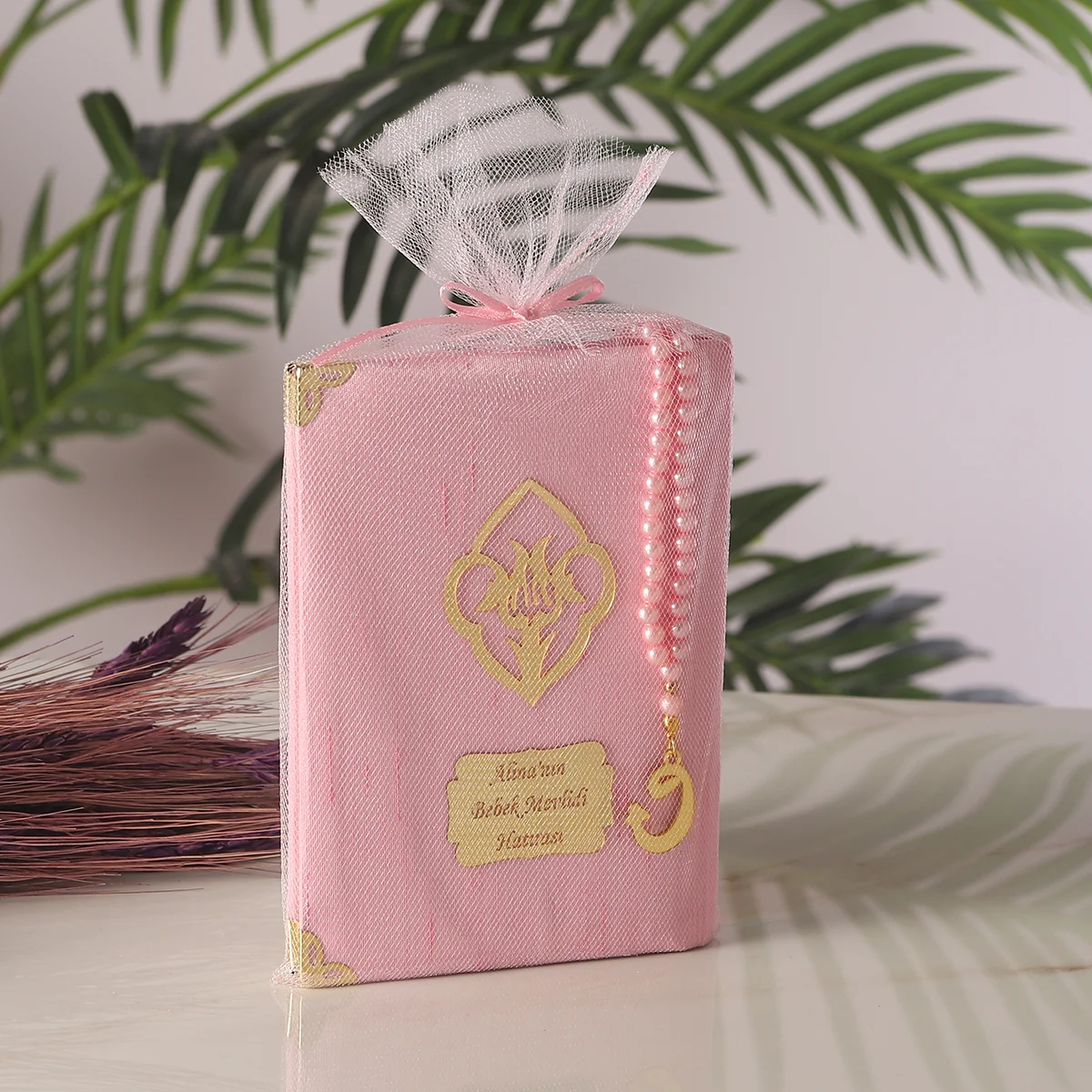 Tül Kese İçerisinde İnci Tesbihli Pembe Renkli Şantuk Yasin Kitabı Seti - Mevlüt Hediyelikleri