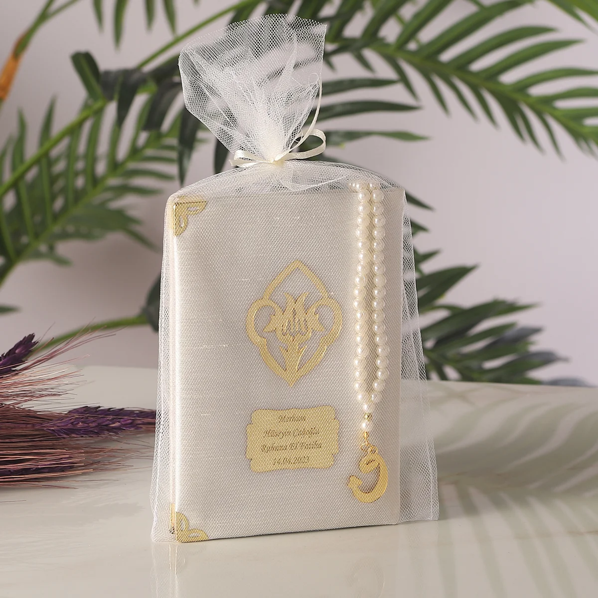 Tül Kese İçerisinde İnci Tesbihli Krem Renkli Şantuk Yasin Kitabı Seti - Mevlüt Hediyelikleri