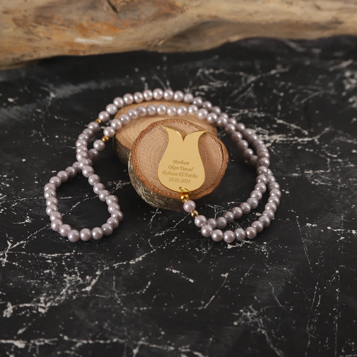 İsme Özel Gri Renkli Hediyelik İnci Tesbih